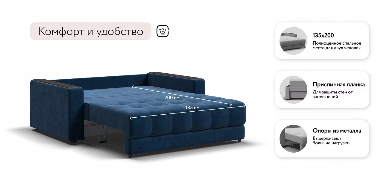 Диван Босс двухместный Велюр Монолит синий