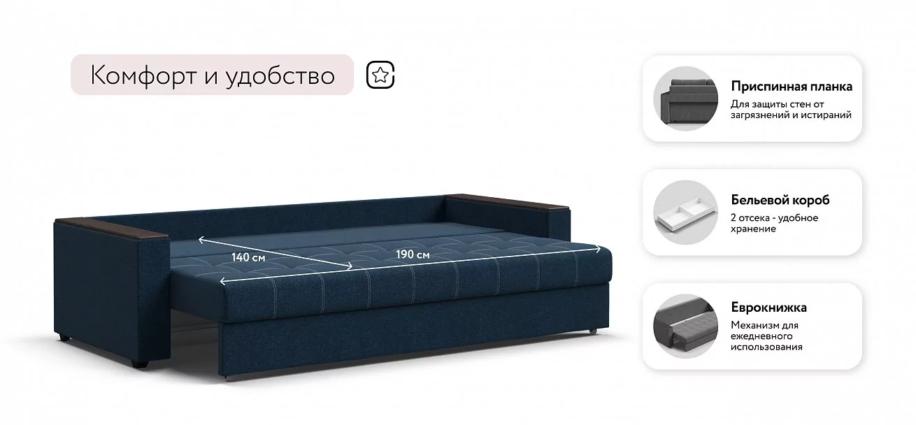 Диван Атланта НПБ 90 Рогожка Мальмо синий